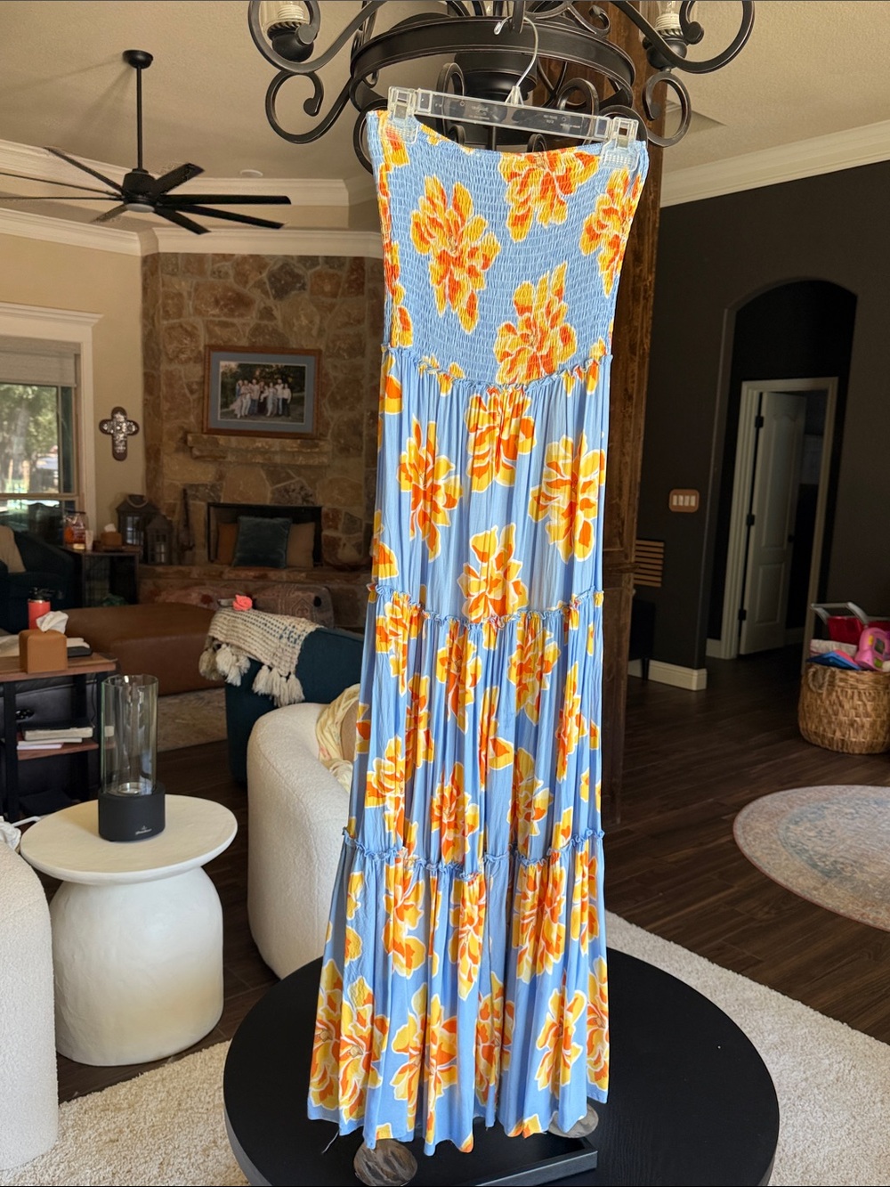 Blue & Orange Floral Smocked Maxi Dress